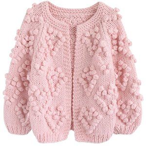 Chicwish Knit Your Love Cardigan Womens Cream Wool Blend Heart Pom Pom